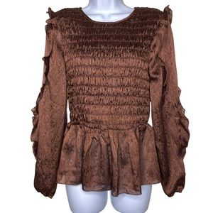 By The River Women’s Smocked Peasant Ruffle Brown Blouse Size Medium